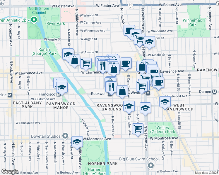 map of restaurants, bars, coffee shops, grocery stores, and more near 4707 North Talman Avenue in Chicago