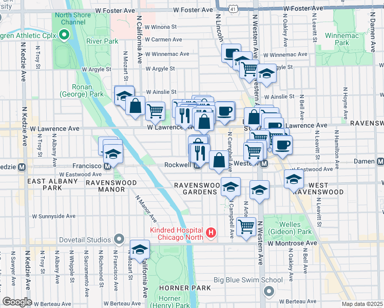 map of restaurants, bars, coffee shops, grocery stores, and more near 4707 North Talman Avenue in Chicago