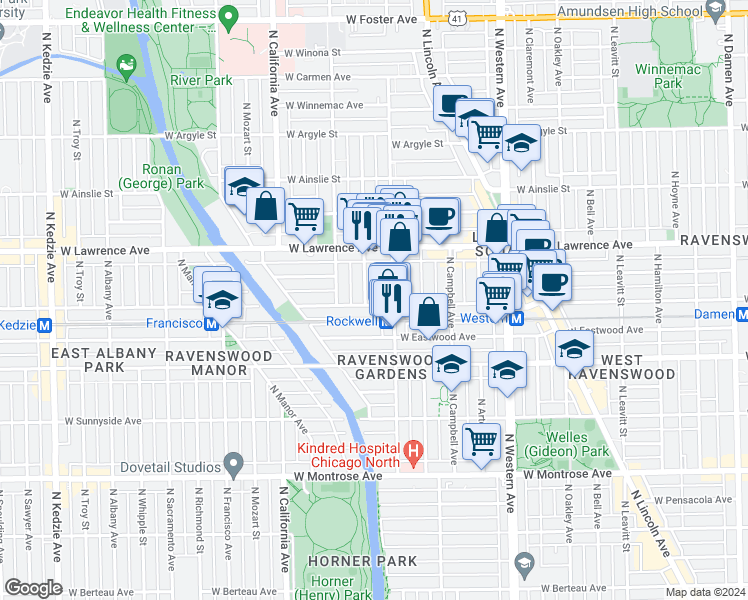 map of restaurants, bars, coffee shops, grocery stores, and more near 4707 North Talman Avenue in Chicago