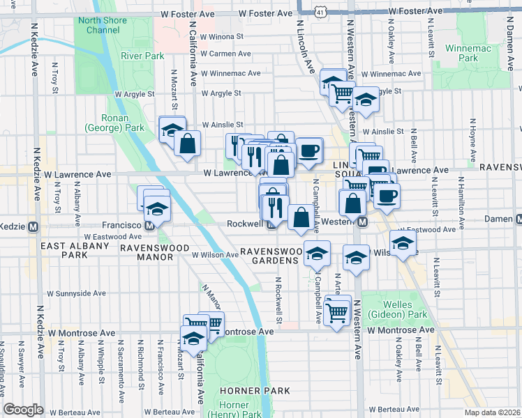 map of restaurants, bars, coffee shops, grocery stores, and more near 4707 North Talman Avenue in Chicago