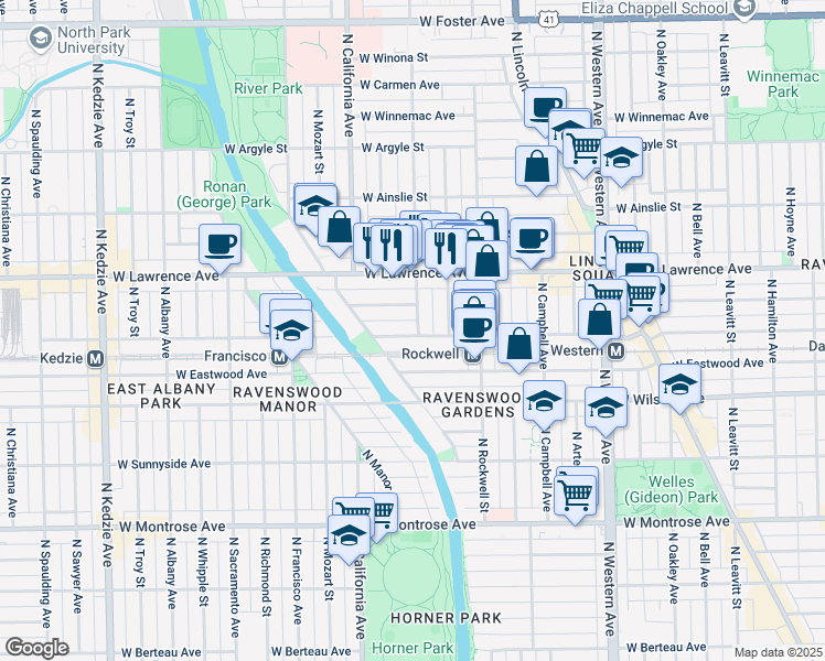 map of restaurants, bars, coffee shops, grocery stores, and more near 4709 North Washtenaw Avenue in Chicago