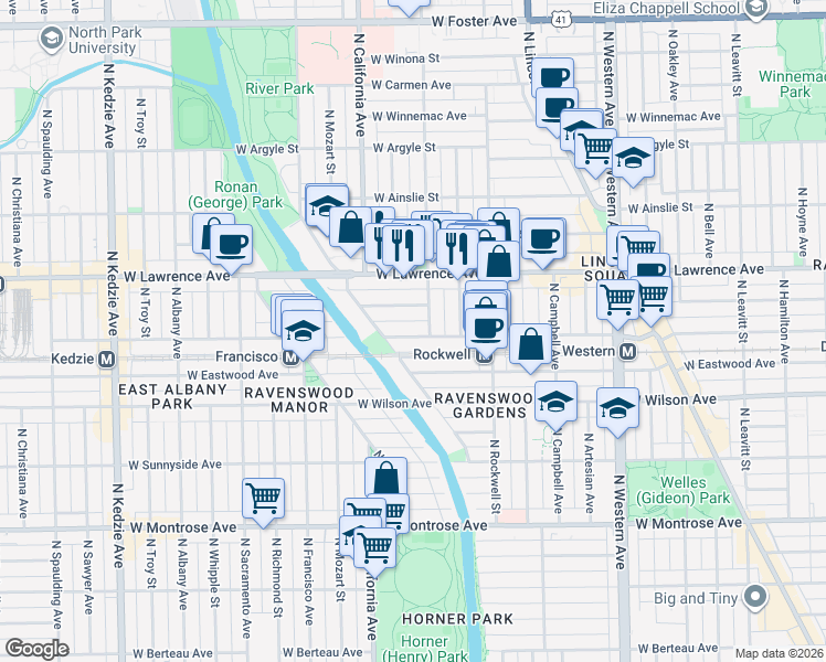 map of restaurants, bars, coffee shops, grocery stores, and more near 2734 West Leland Avenue in Chicago