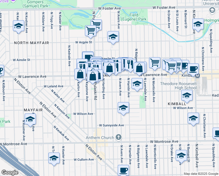 map of restaurants, bars, coffee shops, grocery stores, and more near 4716 North Springfield Avenue in Chicago