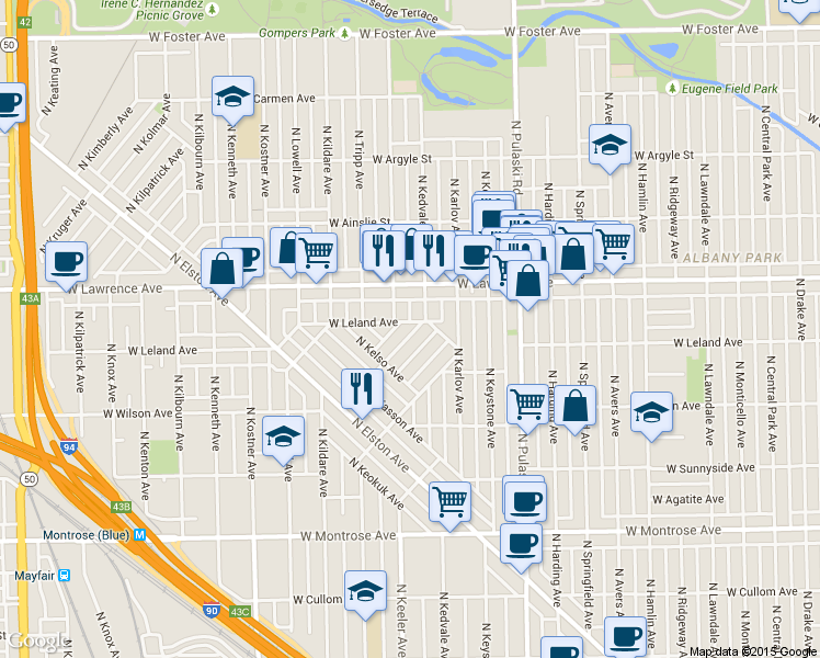 map of restaurants, bars, coffee shops, grocery stores, and more near 4748 North Kiona Avenue in Chicago