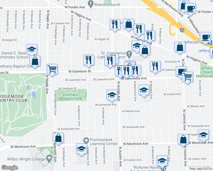 map of restaurants, bars, coffee shops, grocery stores, and more near 6030 West Giddings Street in Chicago