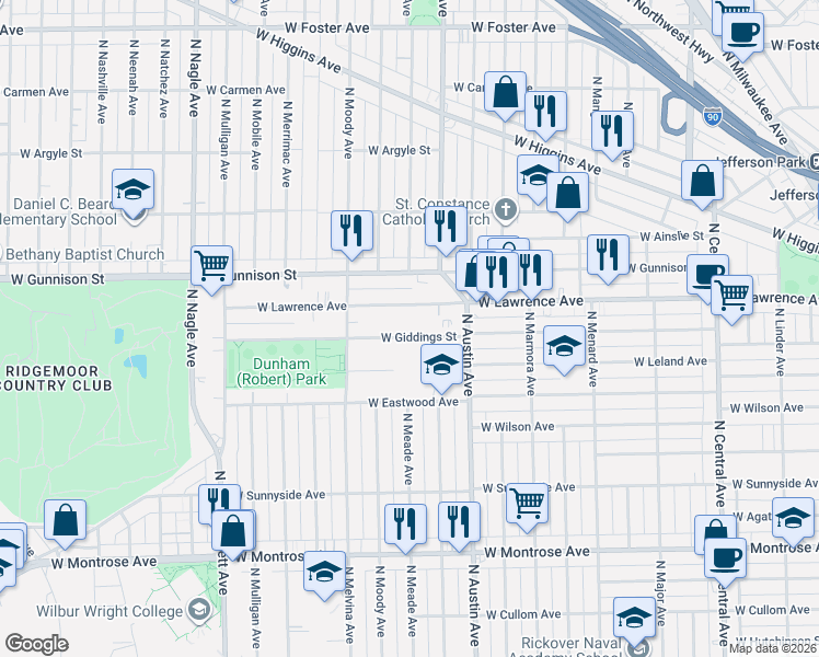 map of restaurants, bars, coffee shops, grocery stores, and more near 6104 West Giddings Street in Chicago