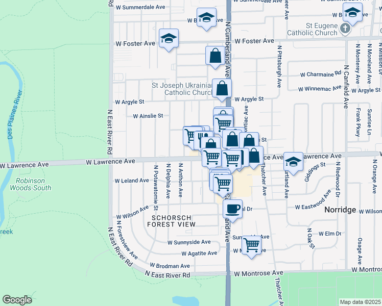 map of restaurants, bars, coffee shops, grocery stores, and more near 4815 North Greenwood Avenue in Norridge