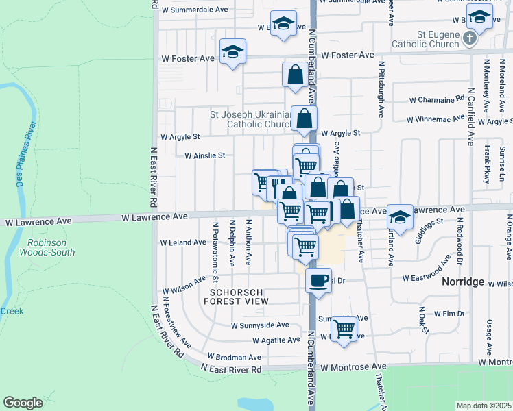 map of restaurants, bars, coffee shops, grocery stores, and more near 4815 North Greenwood Avenue in Norridge
