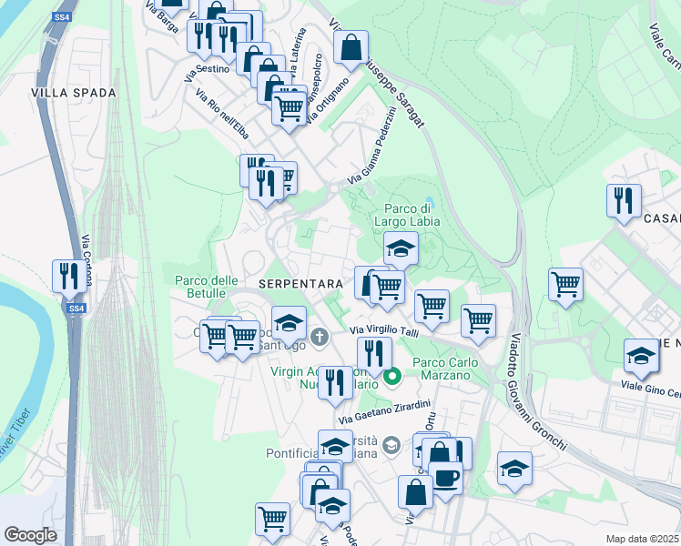 map of restaurants, bars, coffee shops, grocery stores, and more near 9 Via Amerigo Guasti in Roma
