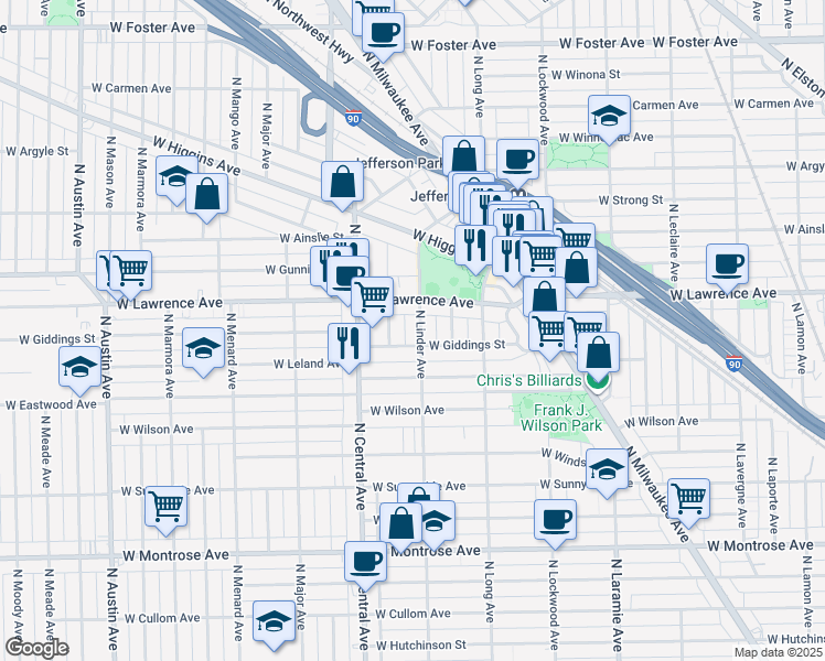 map of restaurants, bars, coffee shops, grocery stores, and more near 4746 North Linder Avenue in Chicago