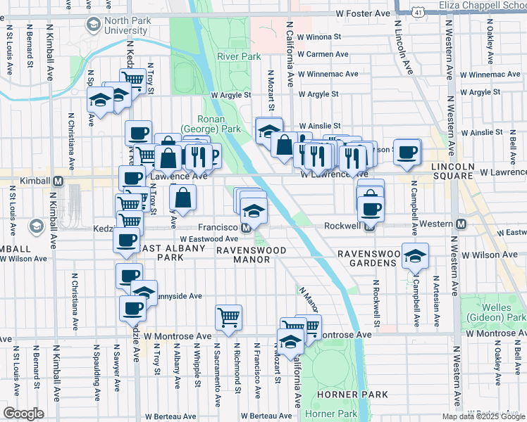 map of restaurants, bars, coffee shops, grocery stores, and more near 2848 West Leland Avenue in Chicago