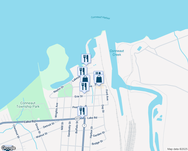 map of restaurants, bars, coffee shops, grocery stores, and more near 1059 Harbor Street in Conneaut