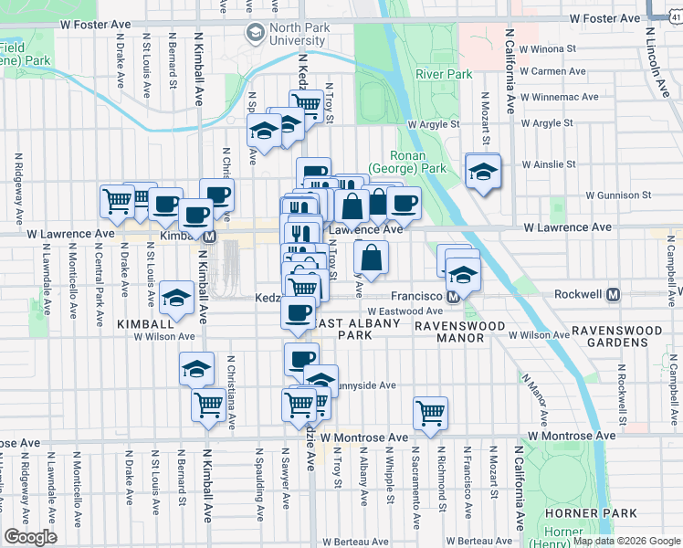 map of restaurants, bars, coffee shops, grocery stores, and more near 4710 North Albany Avenue in Chicago
