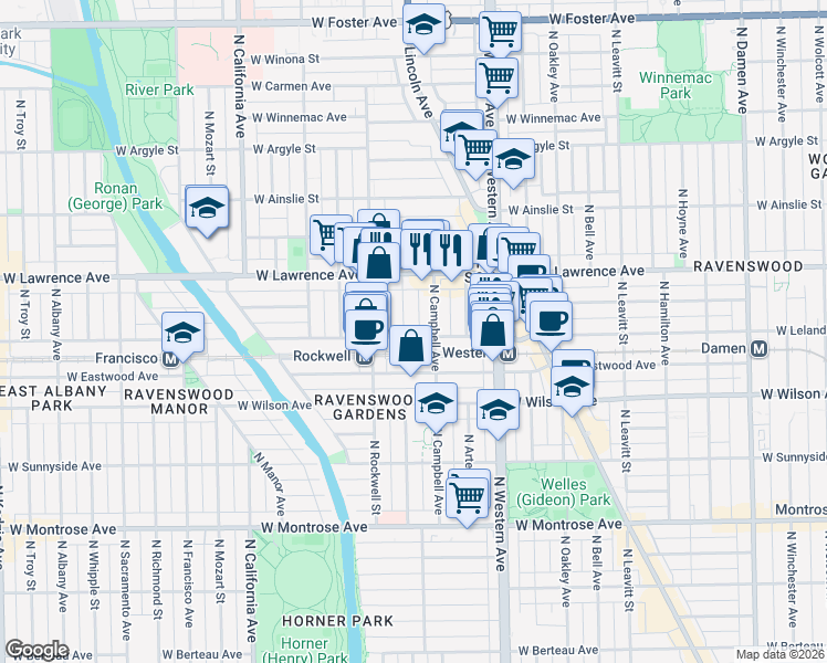 map of restaurants, bars, coffee shops, grocery stores, and more near 2520 West Leland Avenue in Chicago