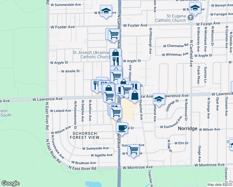 map of restaurants, bars, coffee shops, grocery stores, and more near 4800 North Cumberland Avenue in Norridge