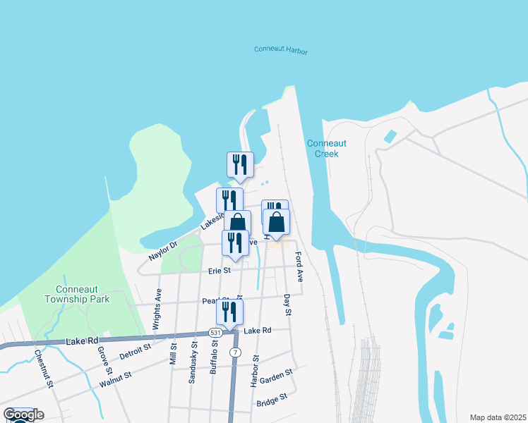 map of restaurants, bars, coffee shops, grocery stores, and more near 1059 Harbor Street in Conneaut