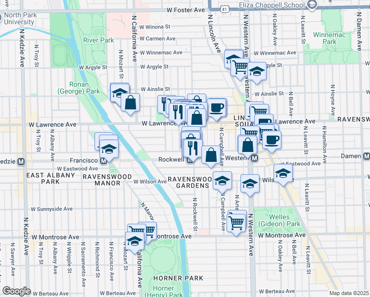 map of restaurants, bars, coffee shops, grocery stores, and more near 2612 West Leland Avenue in Chicago