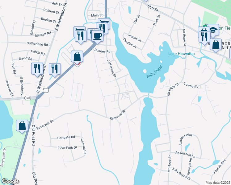 map of restaurants, bars, coffee shops, grocery stores, and more near 27 Juniper Road in North Attleborough