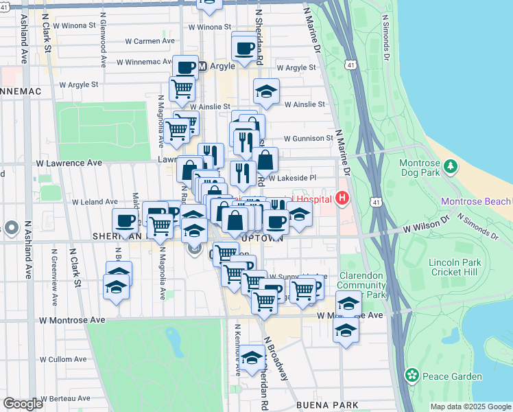 map of restaurants, bars, coffee shops, grocery stores, and more near 4650 North Sheridan Road in Chicago