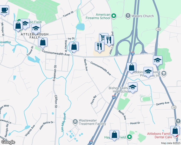 map of restaurants, bars, coffee shops, grocery stores, and more near 48 North Avenue in North Attleborough