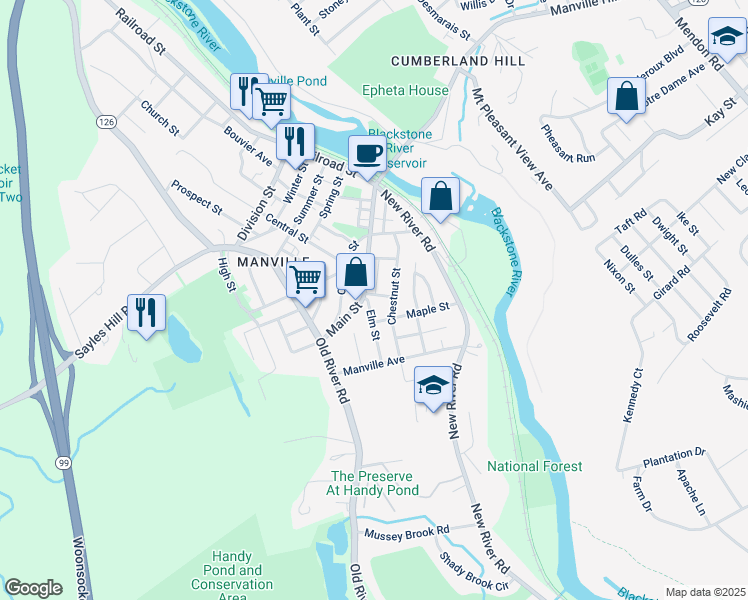 map of restaurants, bars, coffee shops, grocery stores, and more near 2 Elm Street in Lincoln