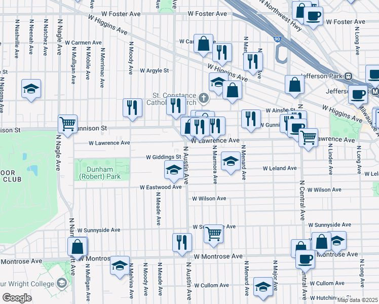map of restaurants, bars, coffee shops, grocery stores, and more near 5954 West Giddings Street in Chicago