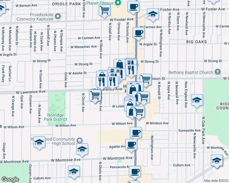 map of restaurants, bars, coffee shops, grocery stores, and more near 7311 West Lawrence Avenue in Harwood Heights