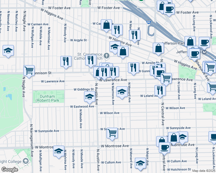 map of restaurants, bars, coffee shops, grocery stores, and more near 5912 West Giddings Street in Chicago