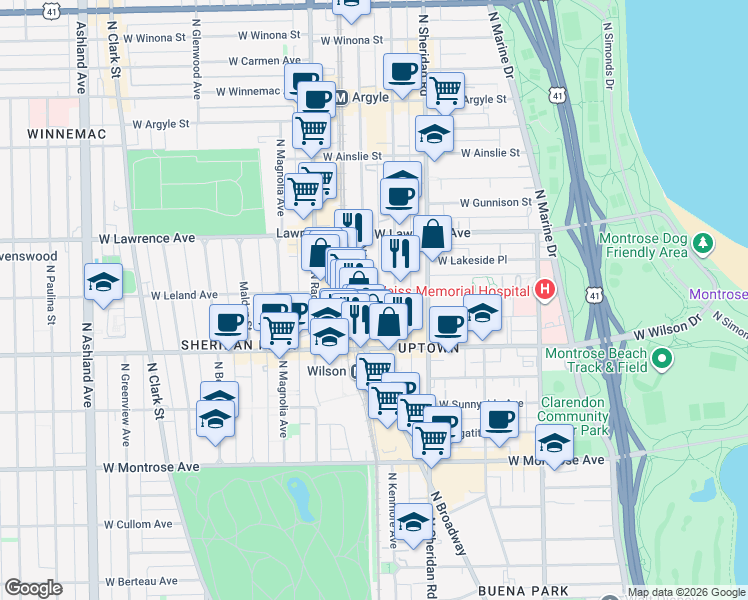 map of restaurants, bars, coffee shops, grocery stores, and more near 4657 North Winthrop Avenue in Chicago