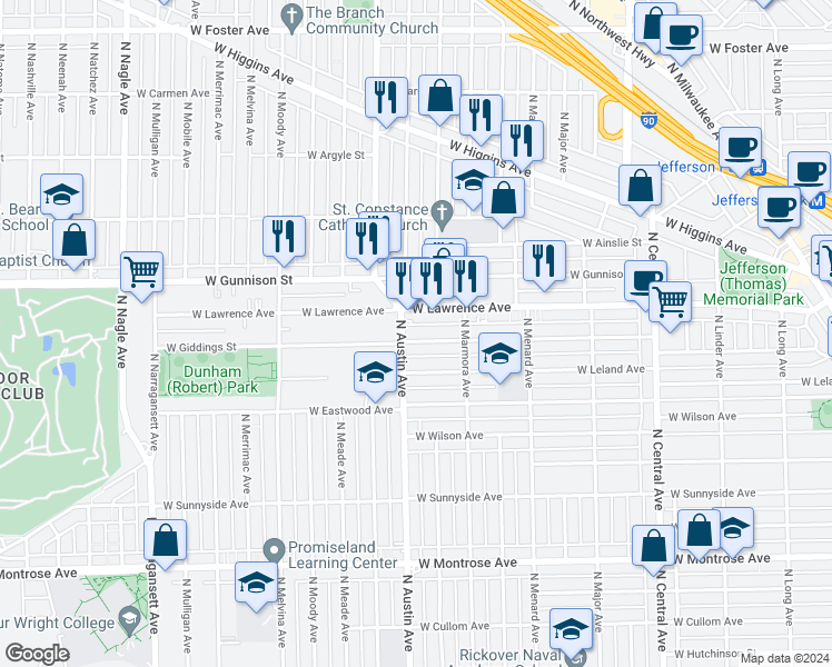 map of restaurants, bars, coffee shops, grocery stores, and more near 5946 West Giddings Street in Chicago