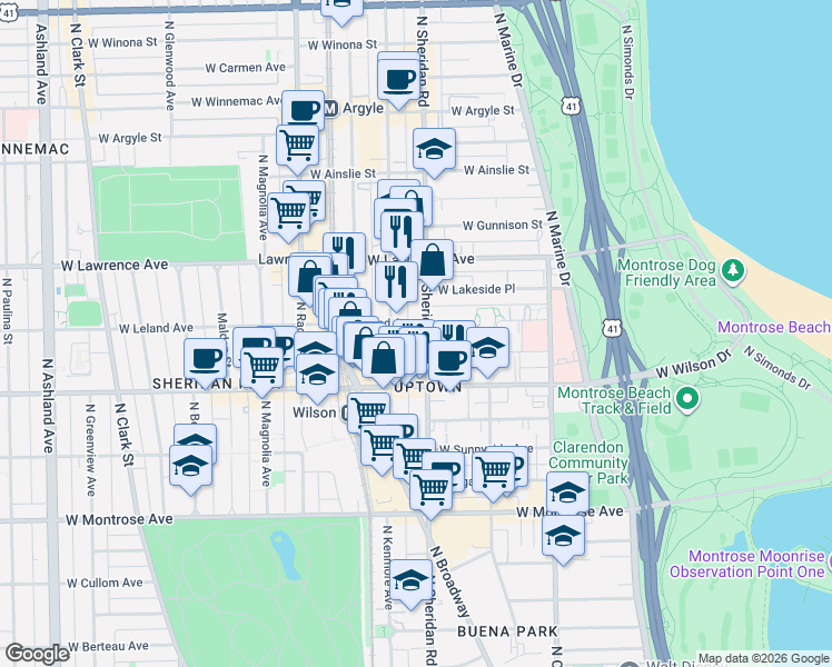 map of restaurants, bars, coffee shops, grocery stores, and more near 4652 North Sheridan Road in Chicago