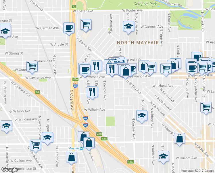 map of restaurants, bars, coffee shops, grocery stores, and more near 4721 North Kenton Avenue in Chicago