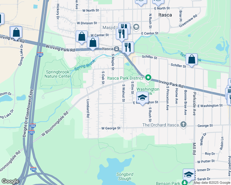 map of restaurants, bars, coffee shops, grocery stores, and more near 323 South Maple Street in Itasca