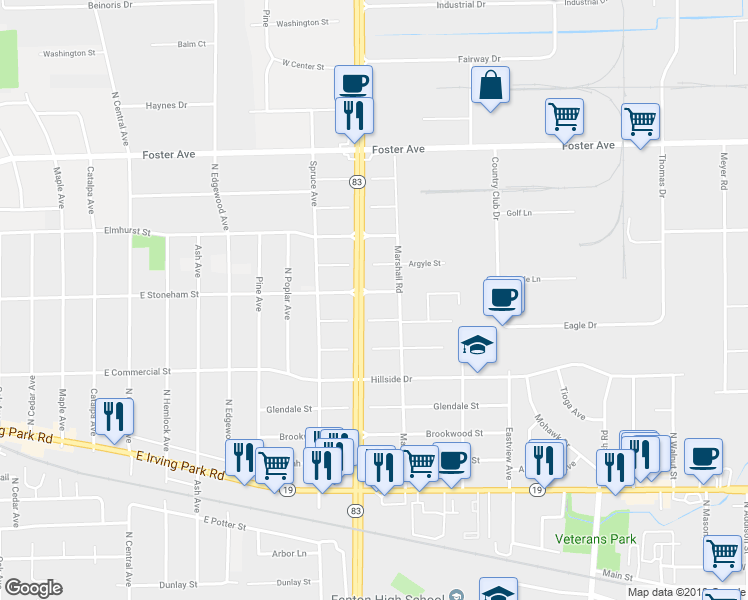 map of restaurants, bars, coffee shops, grocery stores, and more near 1116 Stoneham Street in Bensenville