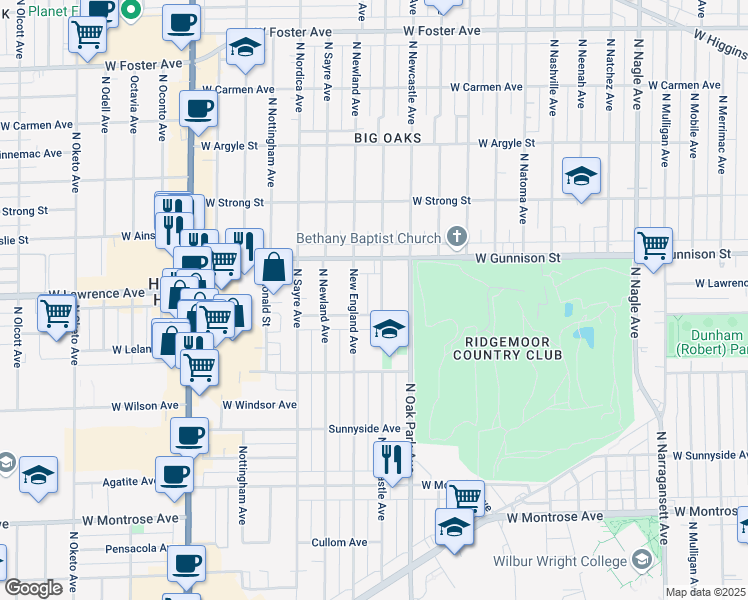 map of restaurants, bars, coffee shops, grocery stores, and more near 4716 North Newcastle Avenue in Chicago