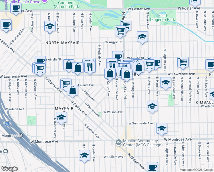 map of restaurants, bars, coffee shops, grocery stores, and more near 4746 North Karlov Avenue in Chicago
