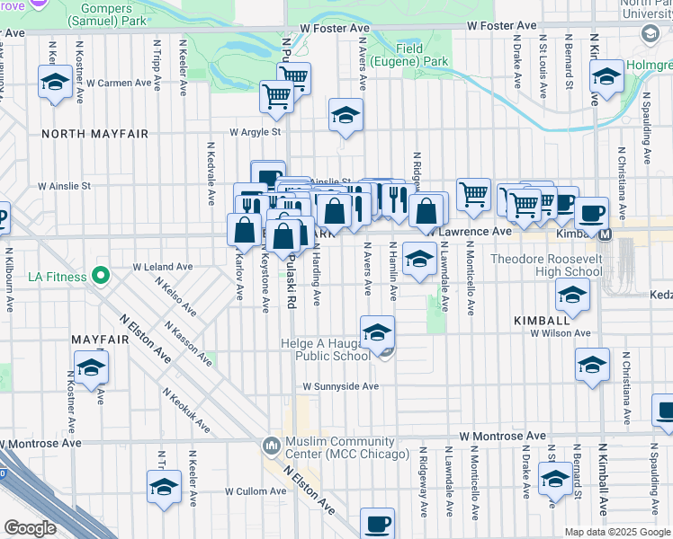 map of restaurants, bars, coffee shops, grocery stores, and more near 4716 North Springfield Avenue in Chicago