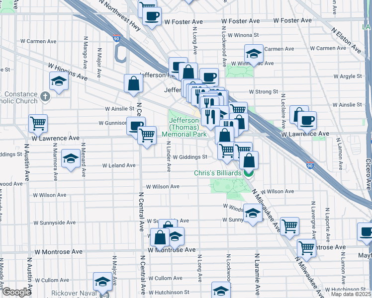 map of restaurants, bars, coffee shops, grocery stores, and more near 4749 North Lotus Avenue in Chicago