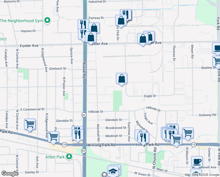 map of restaurants, bars, coffee shops, grocery stores, and more near 1006 Stoneham Street in Bensenville