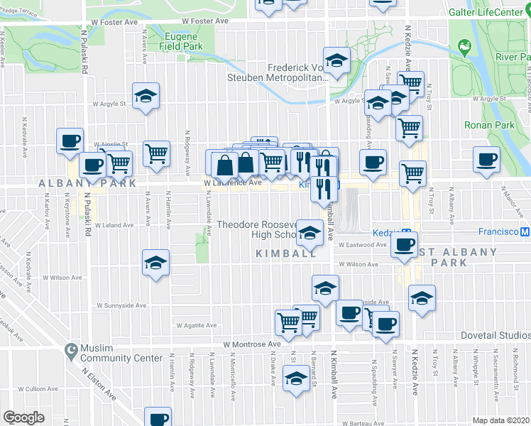 map of restaurants, bars, coffee shops, grocery stores, and more near 4712 North Drake Avenue in Chicago