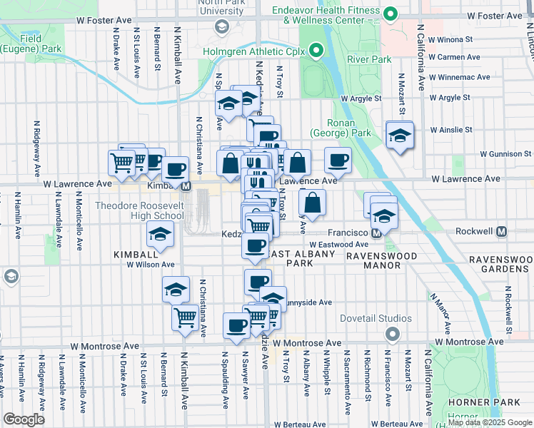 map of restaurants, bars, coffee shops, grocery stores, and more near 4701 North Kedzie Avenue in Chicago