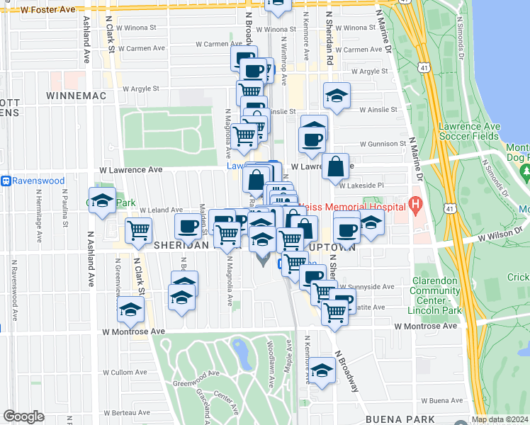 map of restaurants, bars, coffee shops, grocery stores, and more near in Chicago