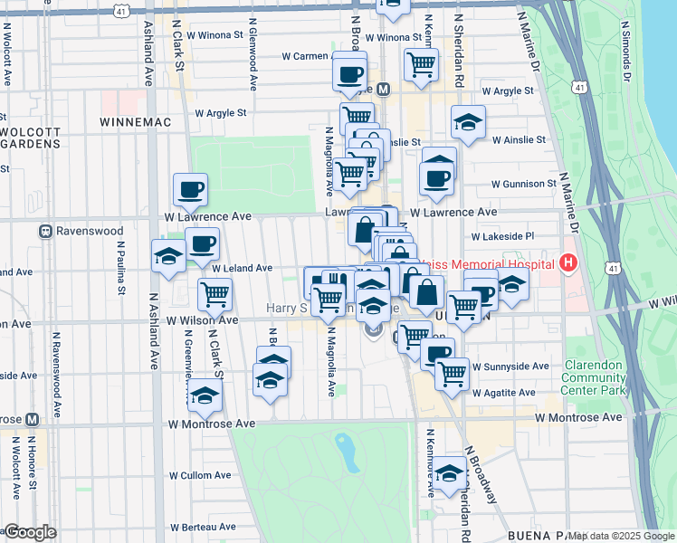 map of restaurants, bars, coffee shops, grocery stores, and more near 1207 West Leland Avenue in Chicago