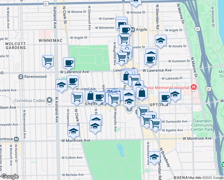 map of restaurants, bars, coffee shops, grocery stores, and more near 1247 West Leland Avenue in Chicago