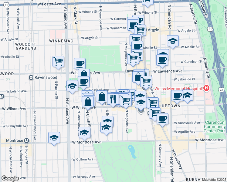 map of restaurants, bars, coffee shops, grocery stores, and more near 4654 North Malden Street in Chicago