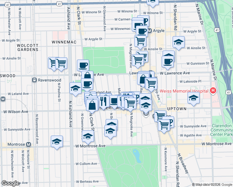 map of restaurants, bars, coffee shops, grocery stores, and more near 4654 North Malden Street in Chicago