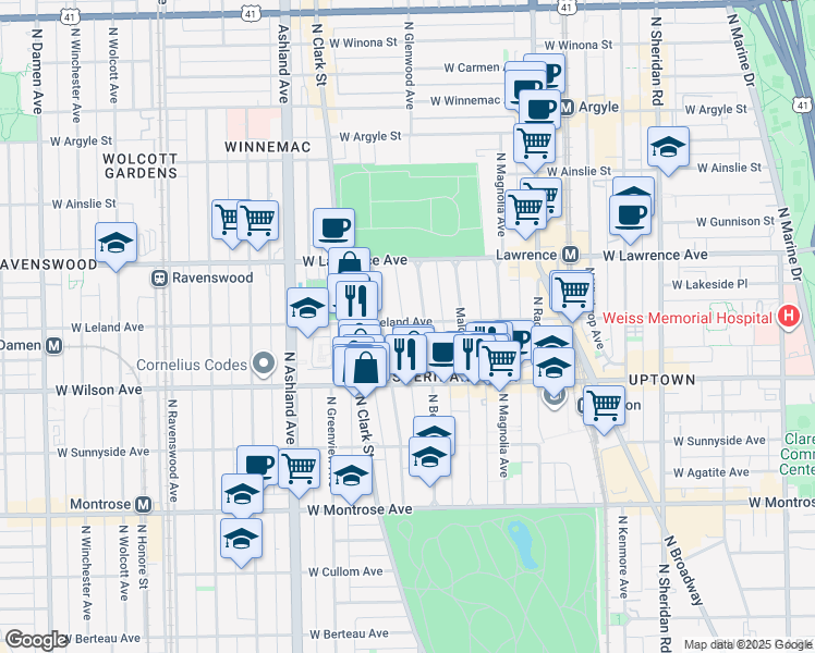 map of restaurants, bars, coffee shops, grocery stores, and more near 4656 North Beacon Street in Chicago