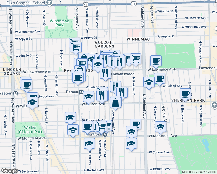 map of restaurants, bars, coffee shops, grocery stores, and more near 4700 North Ravenswood Avenue in Chicago