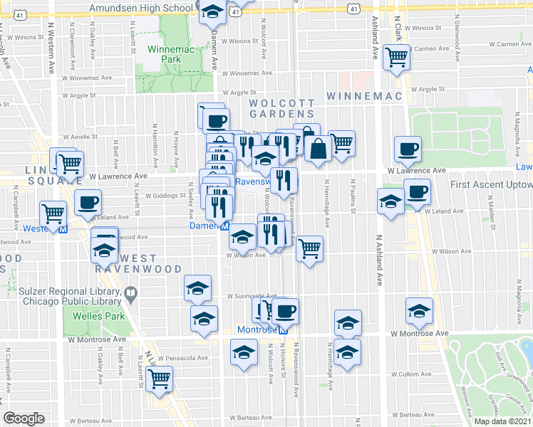 map of restaurants, bars, coffee shops, grocery stores, and more near 1900 West Leland Avenue in Chicago