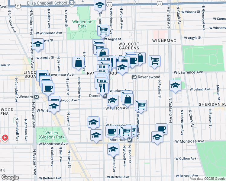 map of restaurants, bars, coffee shops, grocery stores, and more near in Chicago